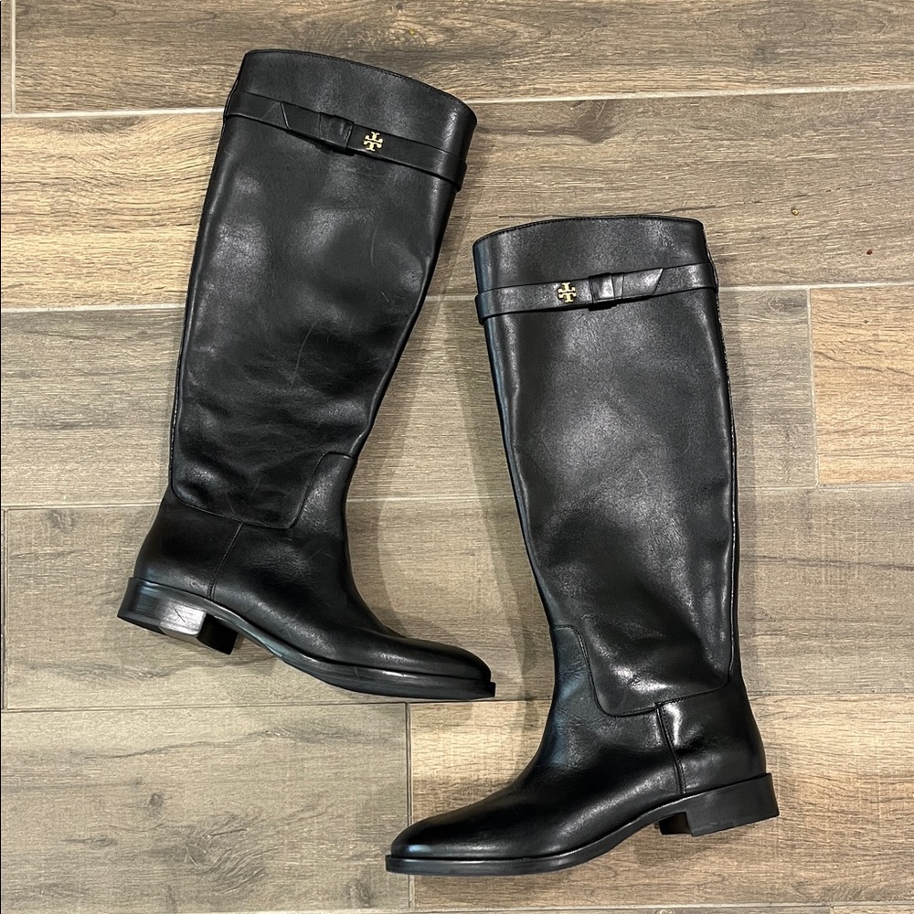 New Tory Burch Everly Strap Black Leather Riding Boots Size 8.5